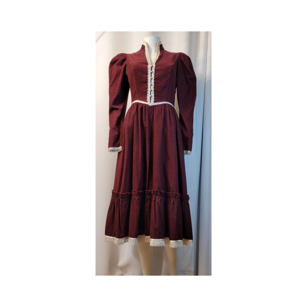 Gunne Sax Burgundy Corduroy Prairie Dress